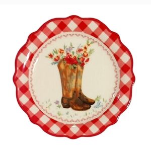 The Pioneer Woman Appetizer Plate Red White Gingham Boot Flowers Stoneware